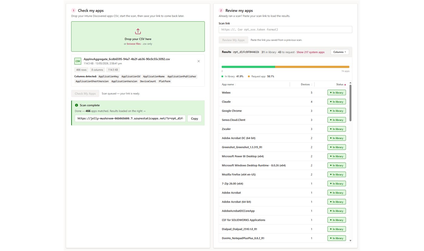 SureDeploy App Coverage tool: upload your Intune-discovered apps CSV to check library coverage